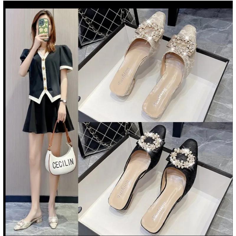 Summer Slippers Women's Fashion Beaded Mules Shoes  New Comfortable Medium Heel Thick  Pointed Sandals