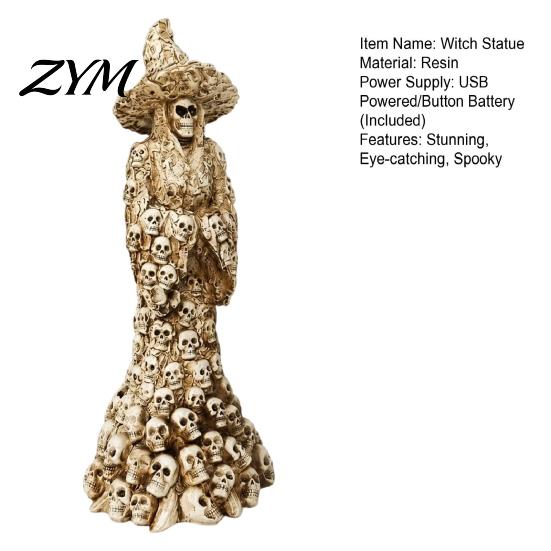 Decorative Witch Figurine Skeleton Resin Figurine, LED Light Up Gothic Statue, Spooky Handcrafted Statue Dark Fantasy Ornament for Desk, Shelf, Mantel