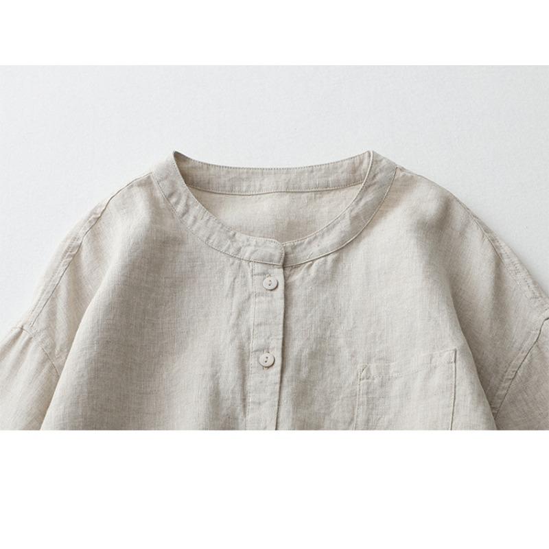 2025 summer shirt stand-up collar four-quarter sleeve white shirt loose large size sunscreen shirt cotton and linen women's clothing C025-815