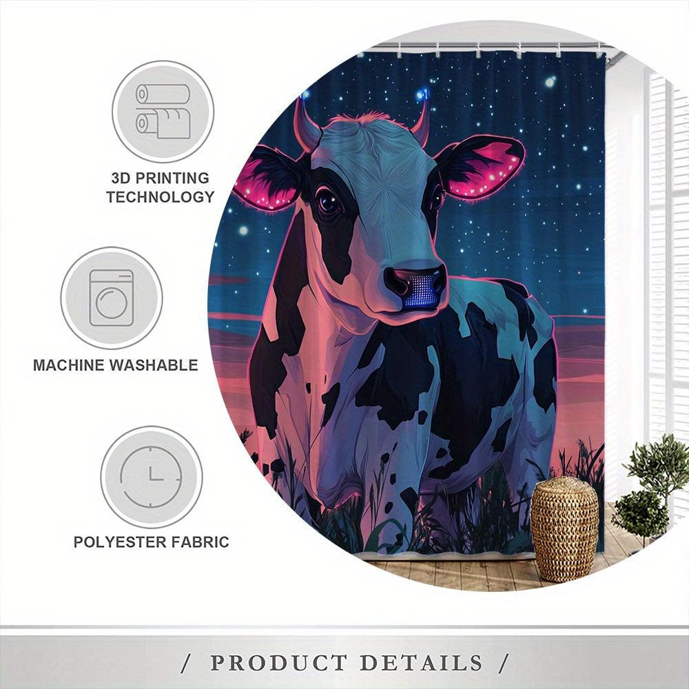Surreal Cow Shower Curtain – Cosmic Night Sky & Pastoral Field, Black-And-White Dairy Cow In Dreamlike Art, Includes Hooks,