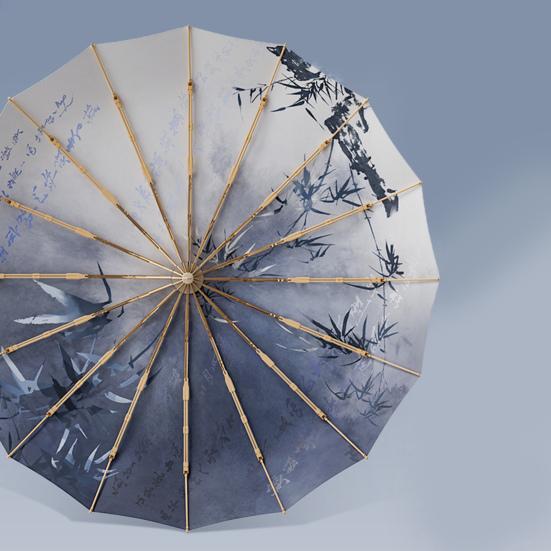 Paraply i kinesisk stil, sammenleggbar, solblokkerende, UV-beskyttelse, tredelt paraply, vanntett, vindtett, 16 spiler, bærbar, menn, kvinner, sol- og regnparaply