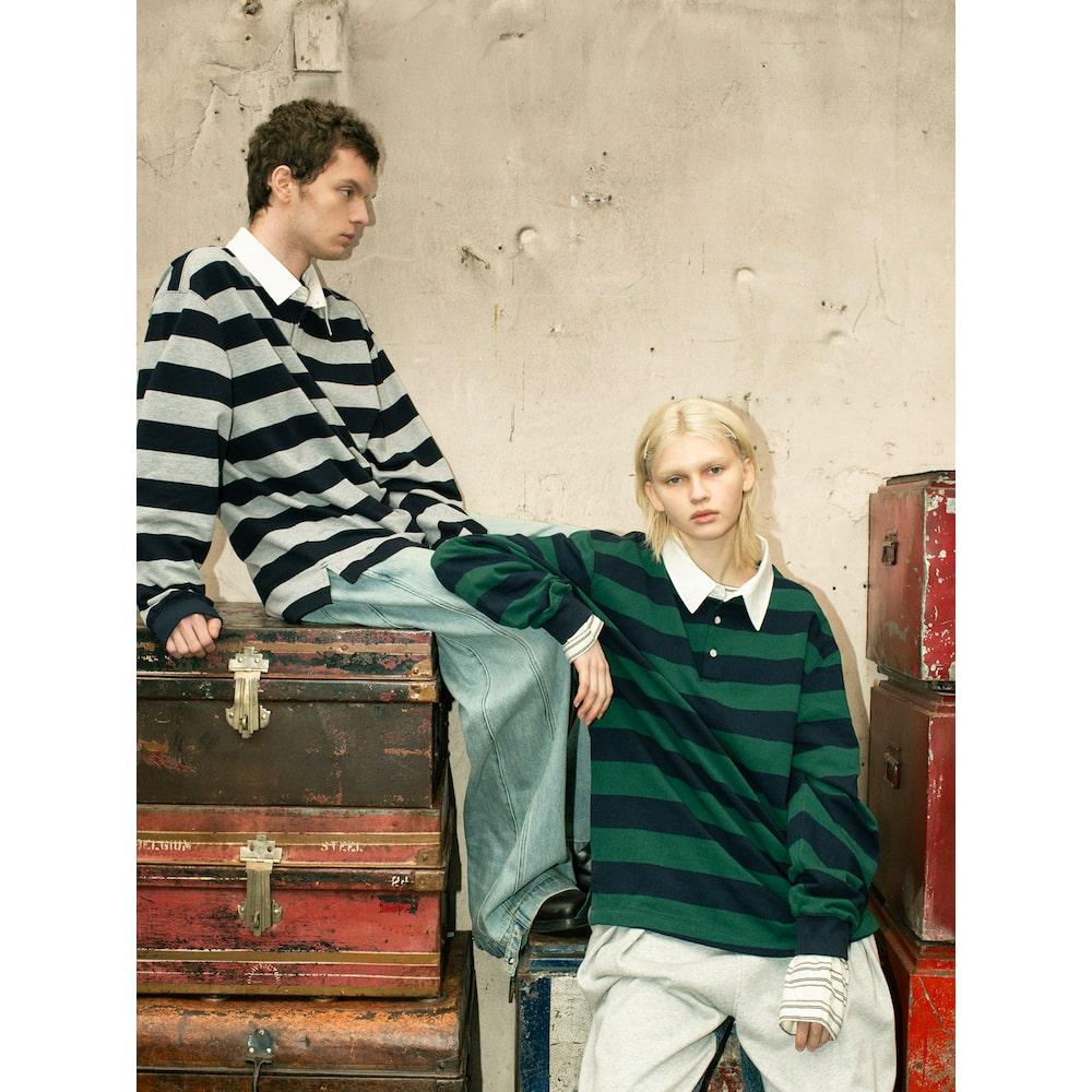 Saendeusaundeu Bold Stripe Long Sleeve Polo Tshirt Green
