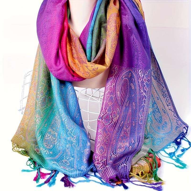 Vibrant Gradient Paisley Scarf - Soft, Windproof Shawl with Tassels, Elegant Women'S Warm Wrap, Ideal for Carnival Gift, Hiking & Outdoor Recreation