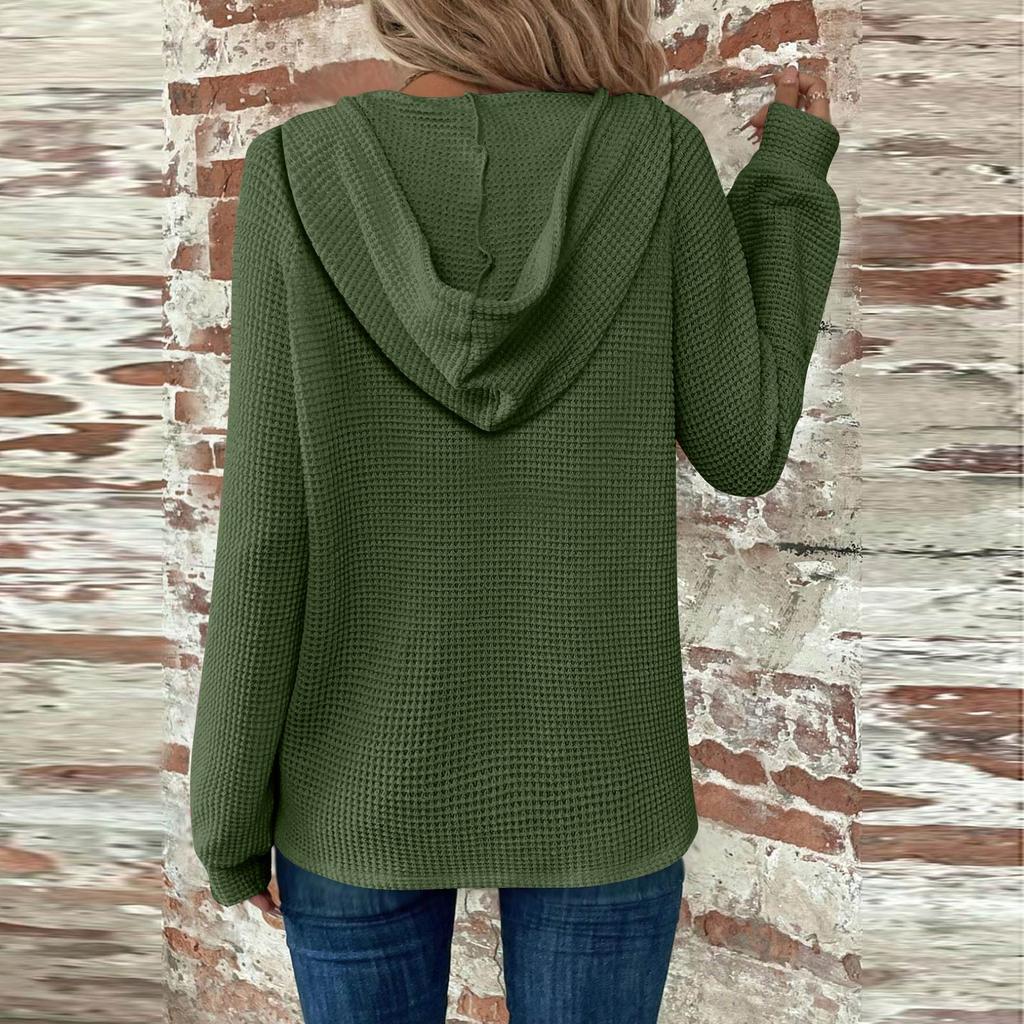Women's Fashion Long Sleeve Drawstring Hooded Button V-Neck Casual Hooded Sweatshirt Top