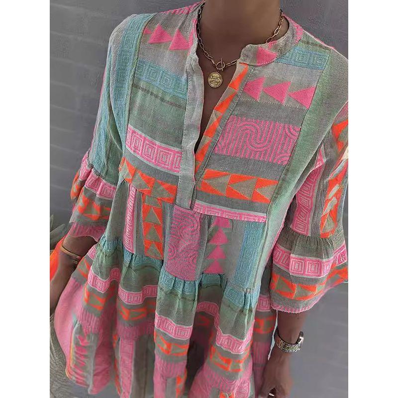 Printed V-neck Seven Quarter Sleeve Dress Print V-neck 3/4 Sleeves Dress
