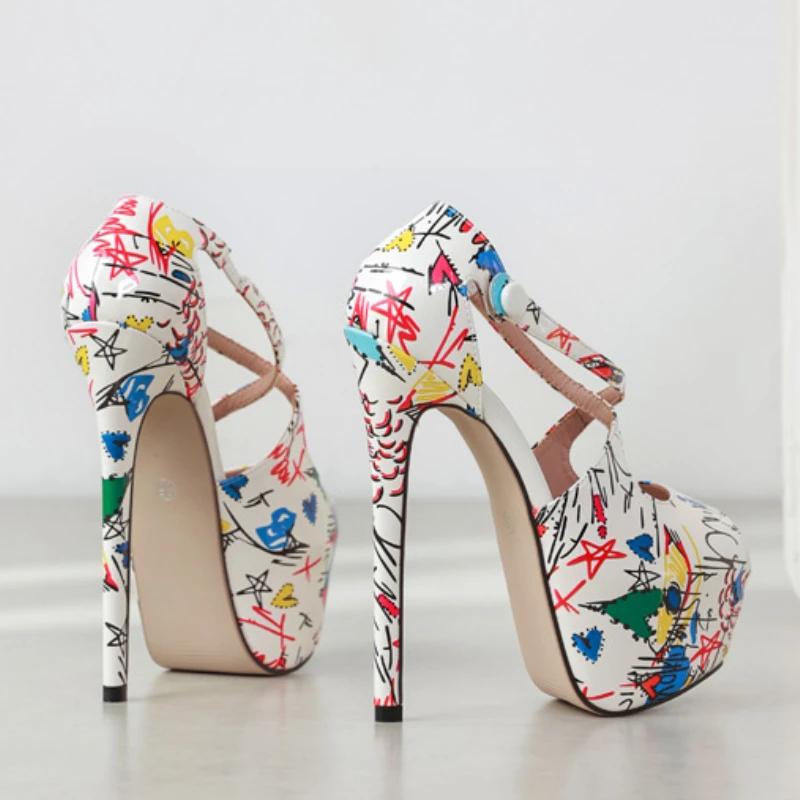 Marka Tasarımı El Boyaması Deri Platform Topuklu Ayakkabılar Kadın Seksi Açık Burun 16CM Ekstrem Yüksek Topuk Stiletto Parti Ziyafet Ayakkabıları