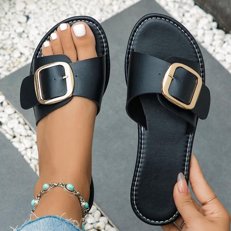 

2025 Women Metal Decor Single Band Flat Sandals Fashion Sexy Open Toe Outdoors Slides Luxurious Office Ladies Party Female Shoes 42 чёрный
