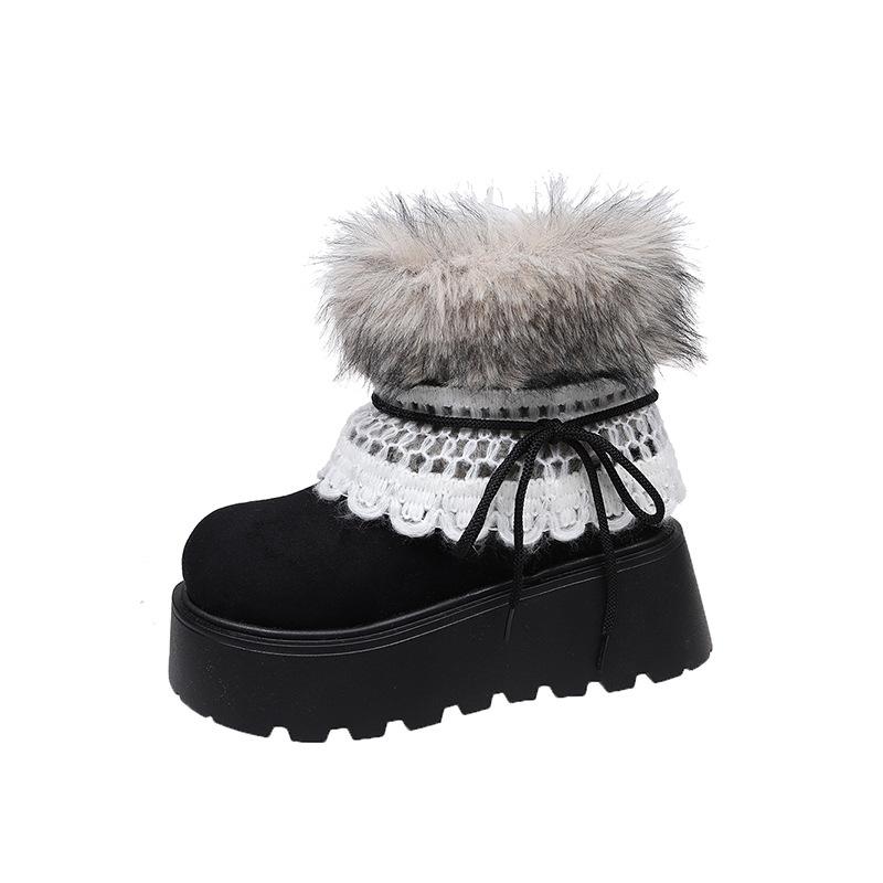 Women's thick bottom hairy mouth butterfly lace fashion winter lightweight warm anti cold snow boots non-slip casual sneakers cotton boots