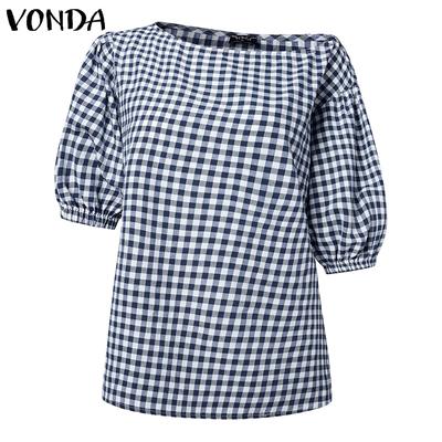 Women Summer Irregular Shoulder Puff Short Sleeve Plaid Blouses