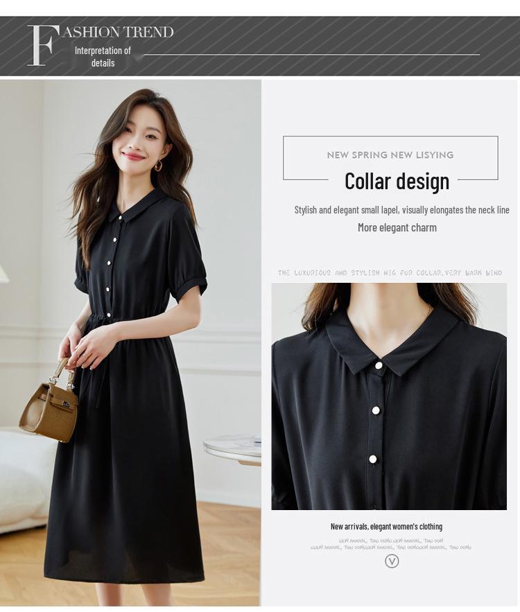 Hepburn-Style Black Chiffon Shirt Dress - Slimming Waist, Elegant Long Skirt for Women
