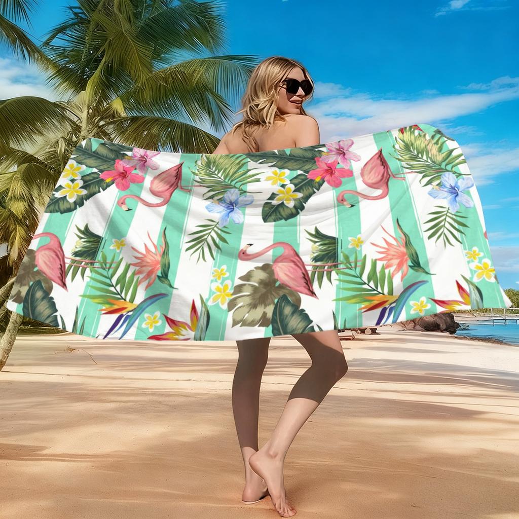 Flamingo Strandtuch Florales Design grün&weiße Streifen Super Saugfähig Geeignet für Strandurlaub Pool Sommergeschenk für Freund