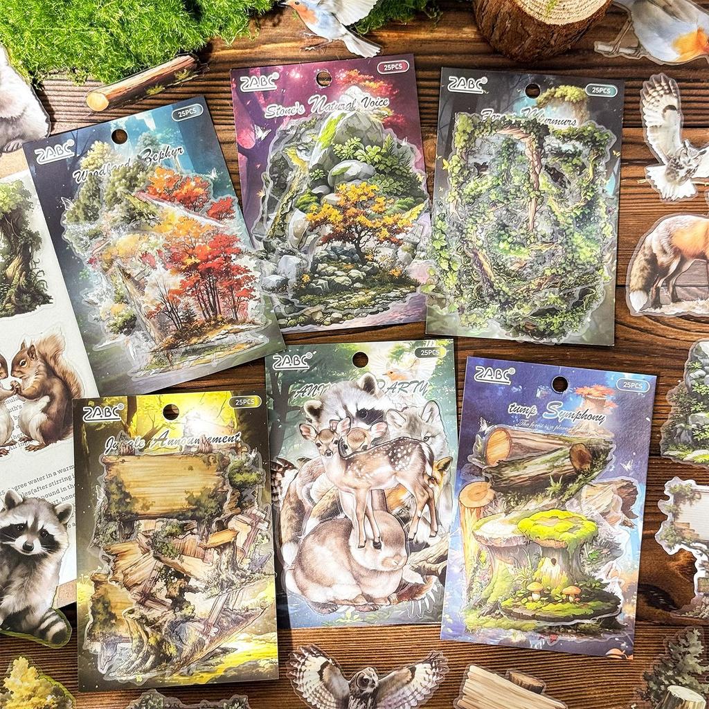 25pcs/pack Vintage Forest Stickers, Woodland Animal & Plant Decals, DIY Scrapbooking Supplies