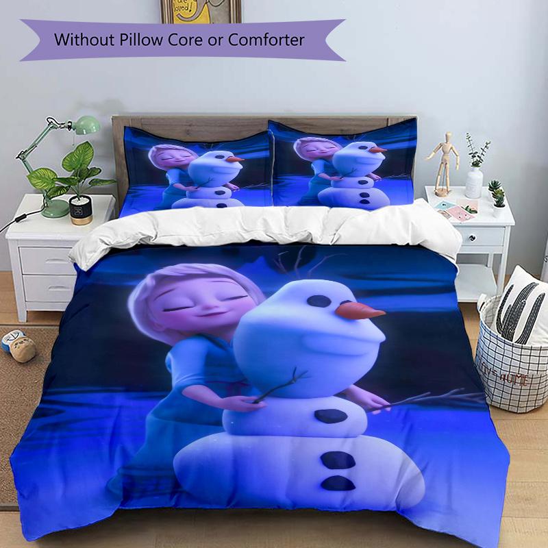 3pcs Elsa & Olaf Snowman Quilt Set - Soft and Comfortable Bedroom, Guest Room and Dorm Decor Bedding Set 1 Quilt Cover + 2 Pillowcases.S041