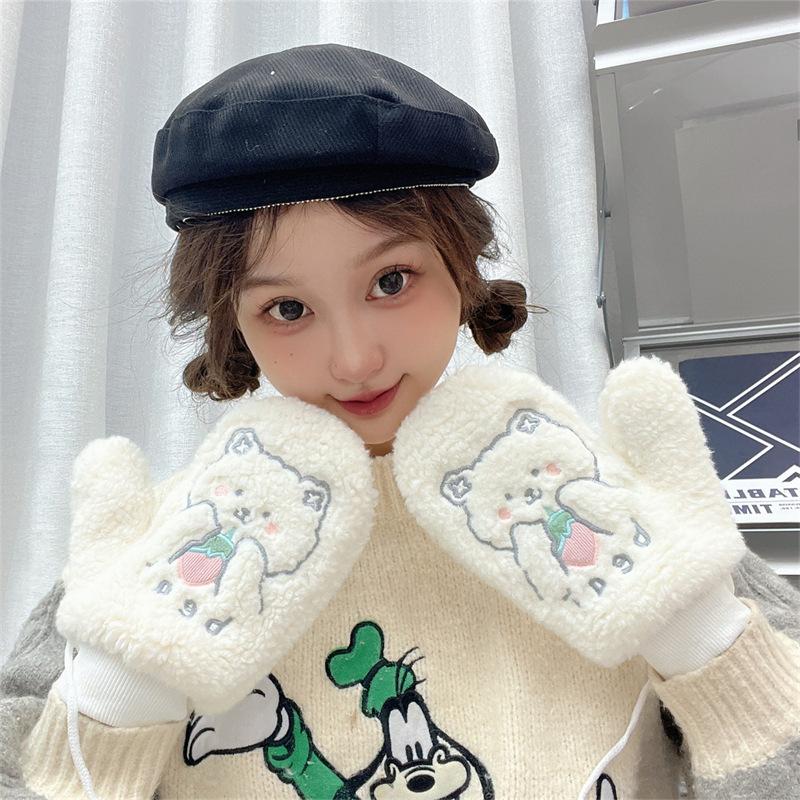 Winter Plus Size Padded Gloves Embroidered Strawberry Bear Gloves Girls Wrap Finger Hanging Neck Thickened Warm Gloves