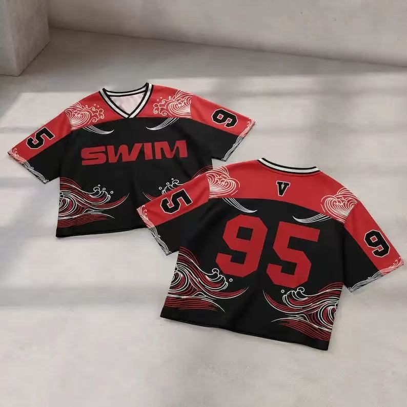 BTS Kpop ARMY 7 V-Neck Mesh Sports Jersey Short Sleeve Red Black Wave Graphic Streetwear Casual Fan Support Athletic Tee Shirt Top