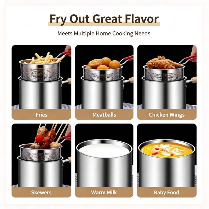 Deep-Frying Cookware Set with 3 L Steel Pot, Perforated Basket, and Tongs for Cooking, Basket Removal, Oil Draining, and Ingredient Handling