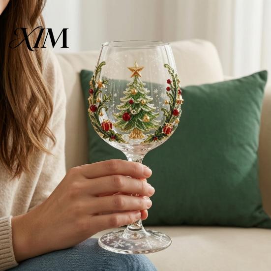 Schneemannmusterkelch Weihnachts-Stielweinglas, Schneemann/Weihnachtsmannkranz/Elch/Weihnachtsbaum Handbemalt, Elegantes Trinkglas Kreatives Stielglas für