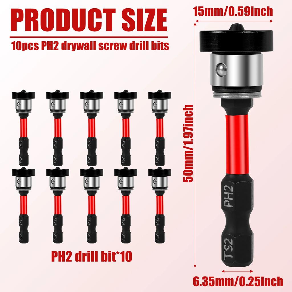 10pcs Magnetic Positioning Screwdriver Bits PH2 Bits Drywall Screw Setter 50mm PPlasterboard Screws Locating Batch Head Drilling