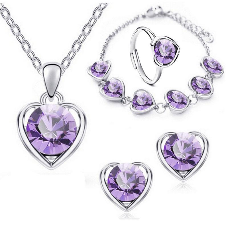 Women's Crystal Heart Jewelry Set: Necklace, Earrings, Ring, and Bracelet
