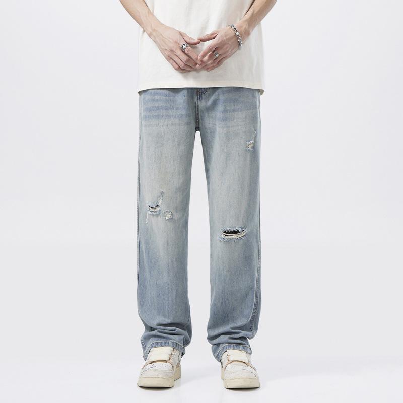 American straight ripped jeans men's and women's casual trousers loose pants tide ins high street denim floor pants