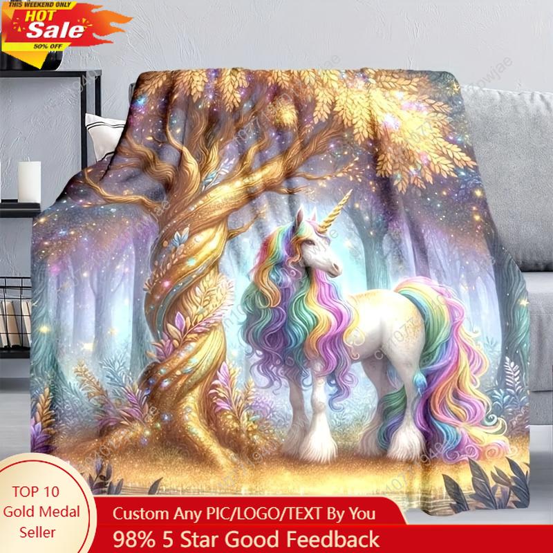 [Unicorn Fleece Blanket] Soft, Warm 1pc Enchanting Unicorn Fleece Blanket - Magical Forest Design with Rainbow Mane - Perfect fo 75X95CM