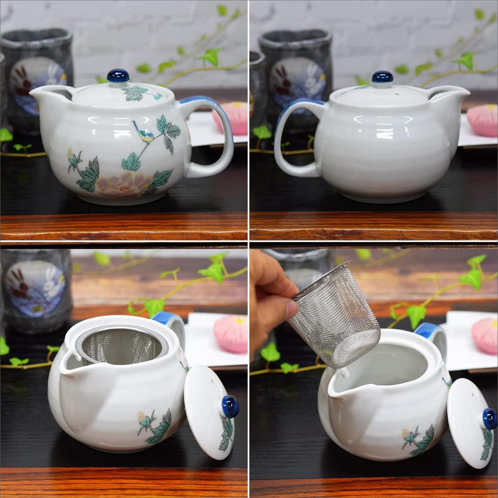 Waza no Kura Stylish Japanese Tableware Kutani Ware Teapot Pot with Bird Design and Tea Strainer Ceramic Brand Tableware Made in Japan Birthday Gift