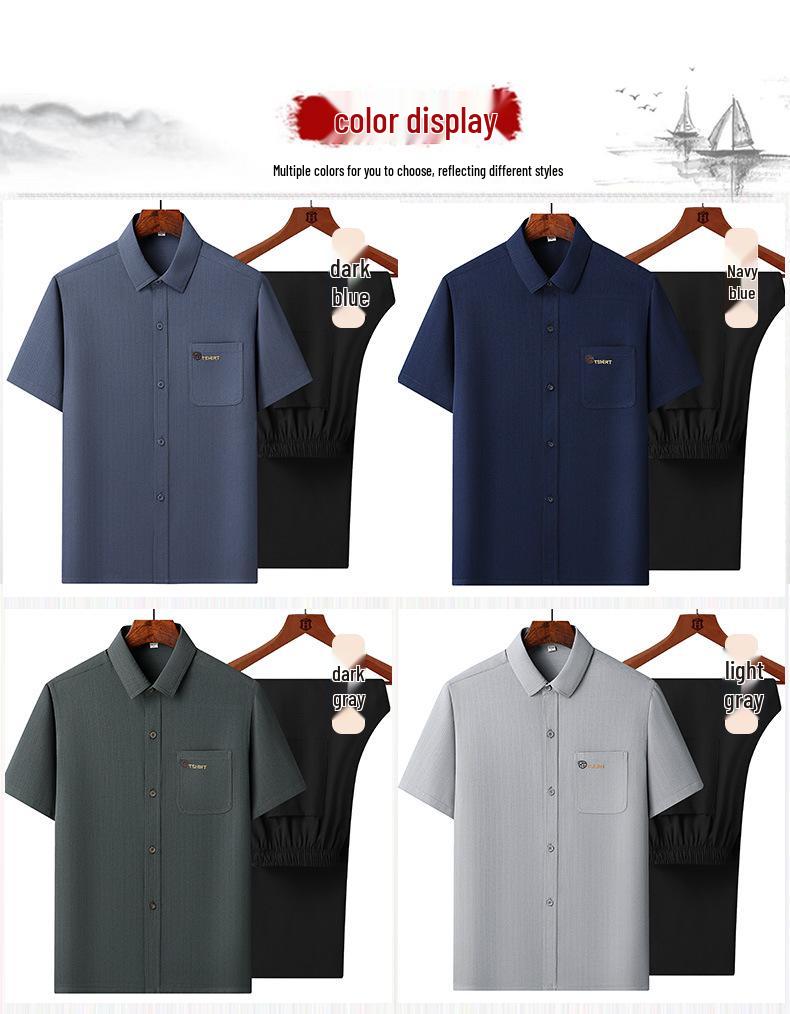 Men's Ice Silk Summer Short-Sleeve Shirt Set for Middle-Aged and Elderly