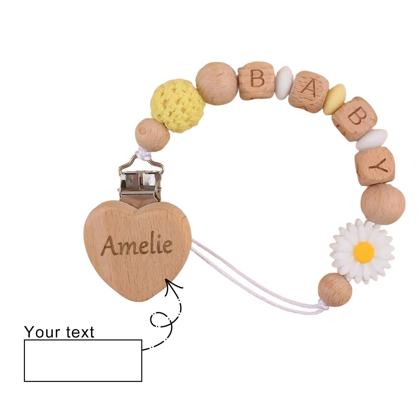 

Персонализированная гравировка на зажиме для детской соски, цепочка для детской соски, зажим для персикового дерева из бука, цепочка для прорезывания зубов One Size белый