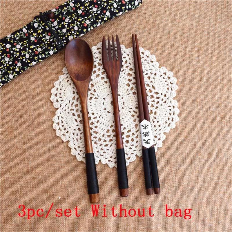 3Pcs/set Wooden Dinnerware Set Bamboo Fork Knife Soup Teaspoon Catering Cutlery Set With Cloth Bag Kitchen Cooking Tools Utensil