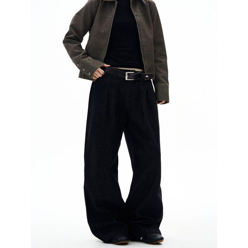 Kisko American Retro Washed Black Wide-Leg Double-Pleated Jeans Unisex Trendy Loose Versatile Floor-Length Pants