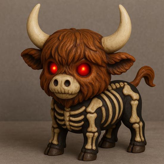 Fall Skeleton Highland Cow Spooky Highland Cow Figurine with Glowing Red Eyes Halloween Tabletop Resin Statue for Home Garden Office Table Decor