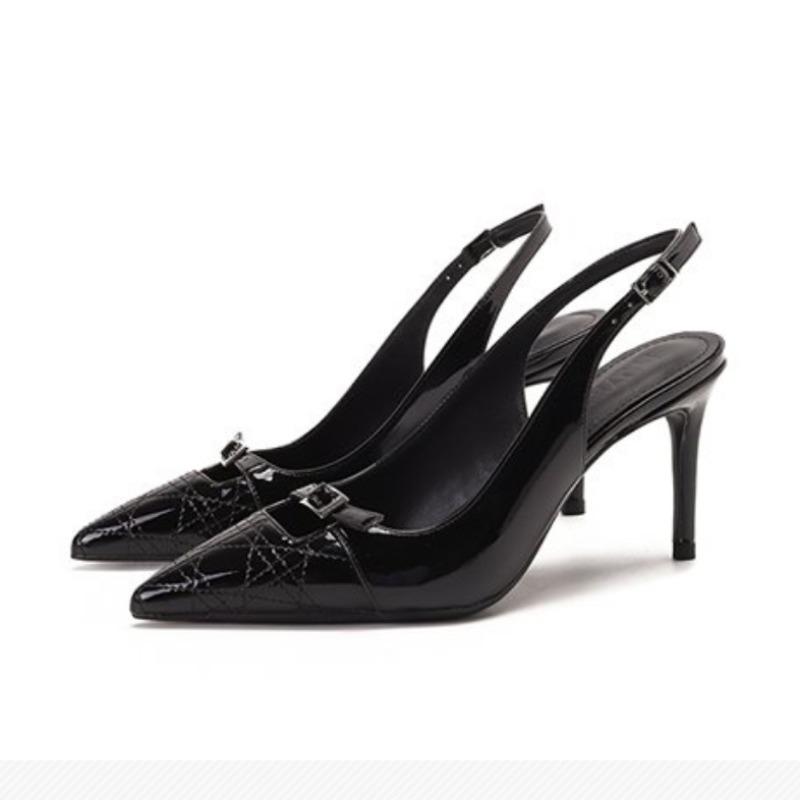 Fashion 2025 New Summer Women's Dress Shoes Patent Leather Slip on Pointed Toe Sandals Buckle Slingbacks Mid Heels Pumps Sandalias Mujer