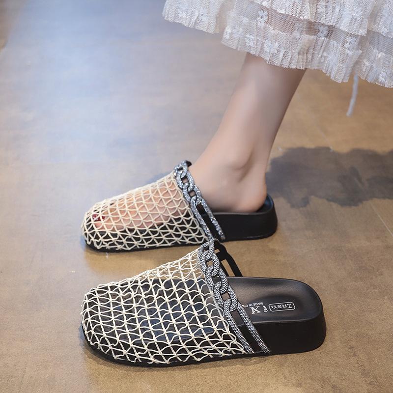 Design Sense Niche Baotou Sandals Women's 2025 New Summer Mesh Hollow Fashionable Rhinestone One Pedal Cool Slippers