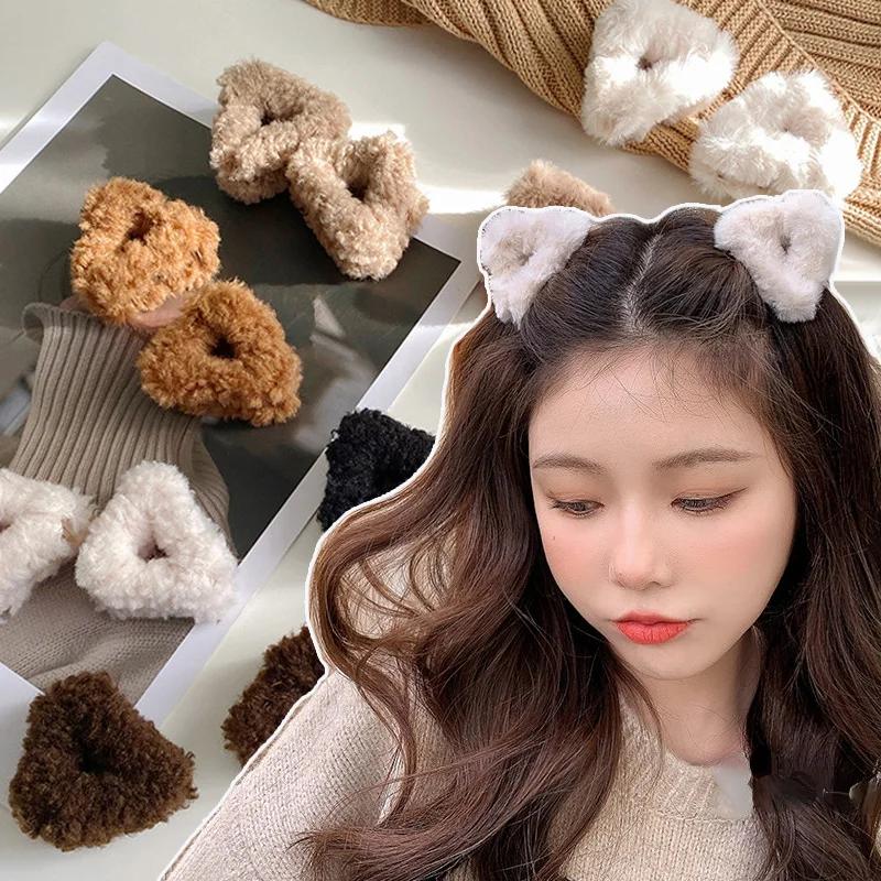 Sweet Cute Plush Cat Ears Hair Claw Small Side Clip for Broken Hair Princess Clip Fluffy Children New Winter Hair Accessories