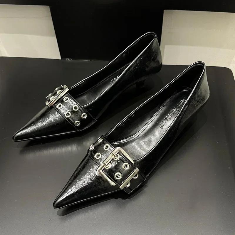 Fashion Metal Buckle Strap Design Women Pumps Sexy Pointed Toe Low Heel Muels Shoes High Quality Leather Heels Zapatos De Mujer