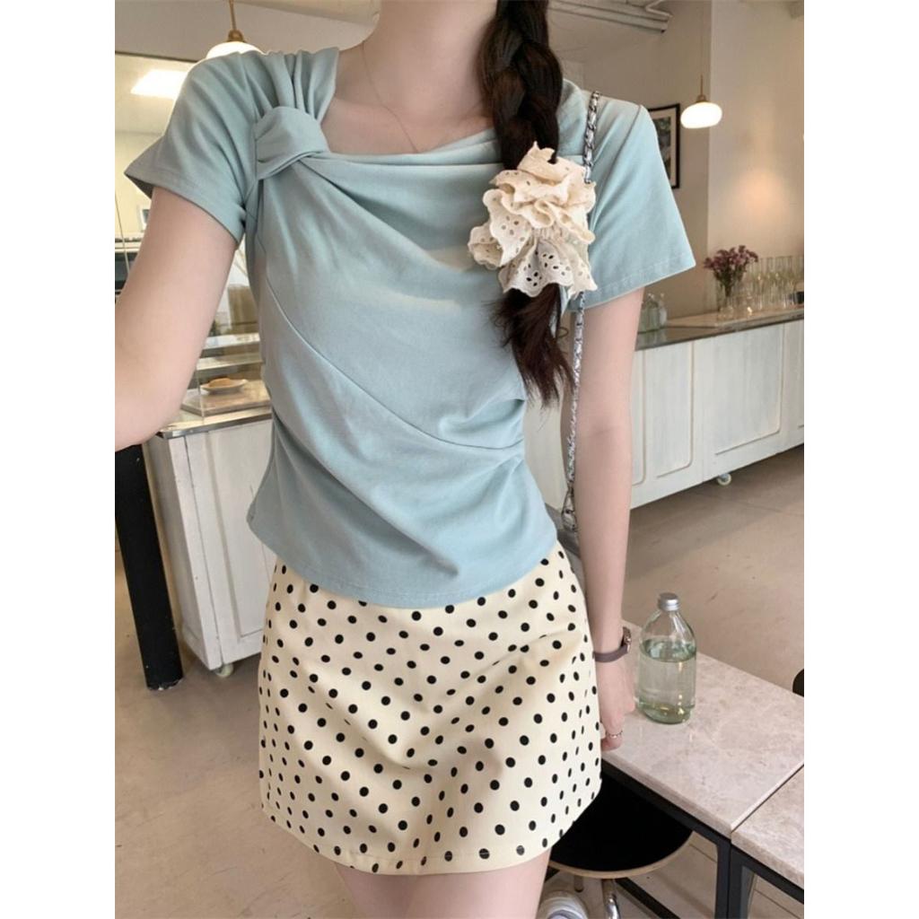 Design Straps Sweet Short-sleeved T-shirt for Women's Spring and Summer New Products, and White Bottoming Shirt for Girls