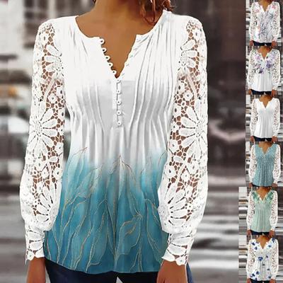 Moda damska Casual luźna koronkowa koszulka z długim rękawem Letnie topy Topy z nadrukiem