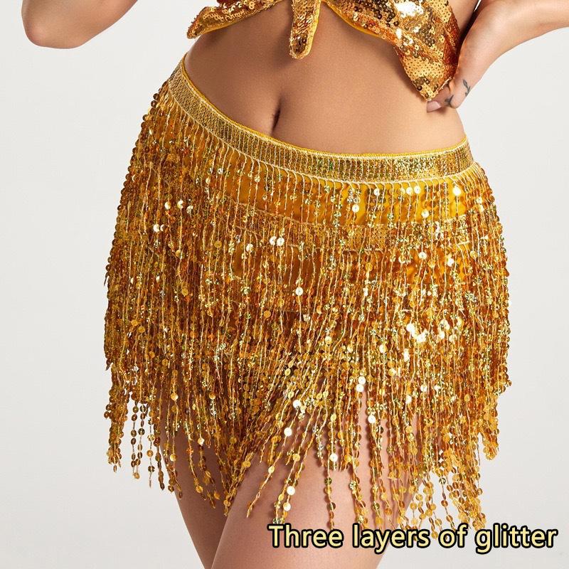 Exquisite Lady Belly Dance Costume Sequin Tassel Hip Scarf Belt Waist Wrap Skirt  Mini Skirt Women Show Dance Clothing
