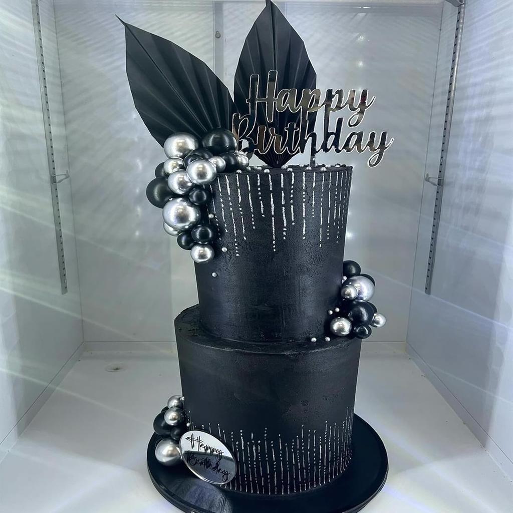 Silver Black Balls Cake Toppers Happy Birthday Cake Decoration for Wedding Baby Shower Birthday Party Decorations (Silver Black)