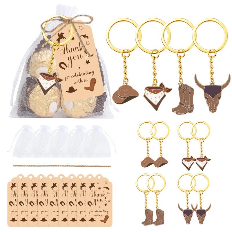 12 Sets Western Cowboy Party Favors For Guests Cowboy Boot Hat Keychain With White Organza Bags And Thank You Tags
