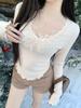 Herbst Winter Spitzen Patchwork V-Ausschnitt Top: Elegant, Figurschmeichelnd, Unifarbe