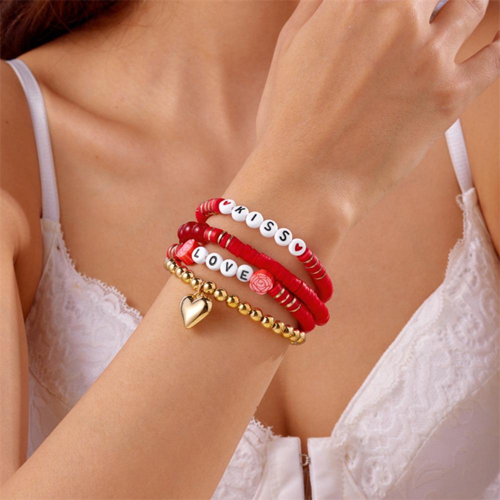 New “LOVE” Pink Heart-shaped Pendant Beaded Elastic Multi-layered Layered Bracelets for Women Girl Valentine's Day Gift Jewelry