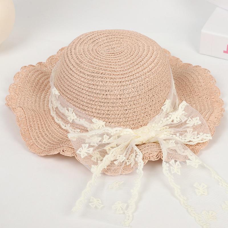 Sweet Lace Bow Straw Hat Outdoor Big Eaves Sun Hat Fashion Lace Ribbon UV Protective Straw Hat