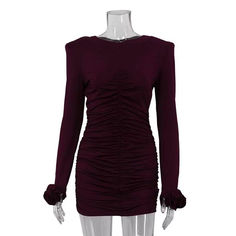 

Fashion Sexy Pleated Dress Long Sleeves Pleating Skinny Hip Skirt Pleated round Neck Dress Burgundy S