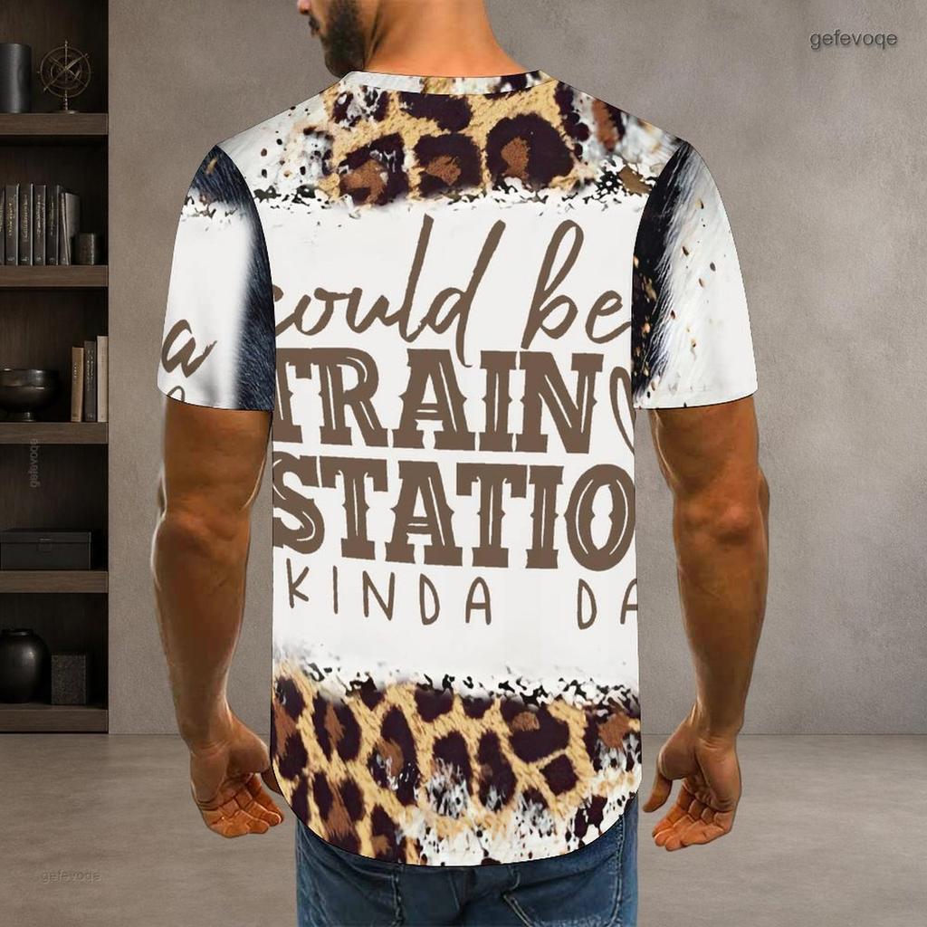Men Plus Size Round Neck Short Sleeve T Shirt Classic Full Leopard Pattern Summer Hip Hop Casual Daily Tops