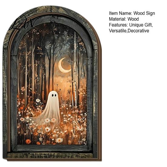 Vertical Wooden Sign Pendant Halloween Vintage Arch Sign, Gothic Spooky Ghost Wall Hanging Decor Dark Floral Print with Bracket, Rustic Aesthetic Home