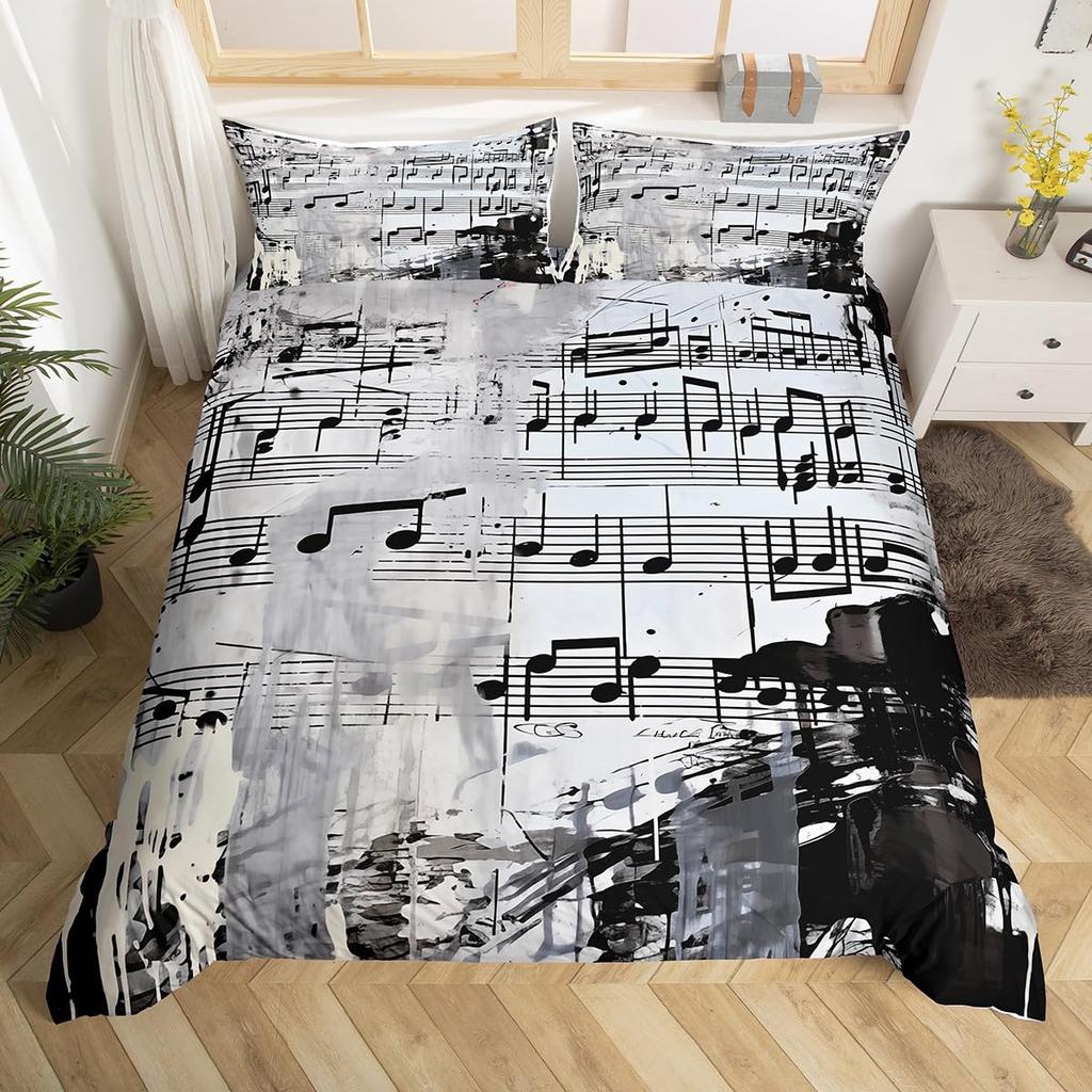 Black White Piano Keys Musical Symbols 3D Printed Bedding Set Cozy Duvet Cover King Queen Twin Size Birthday Gift Bedroom Decor