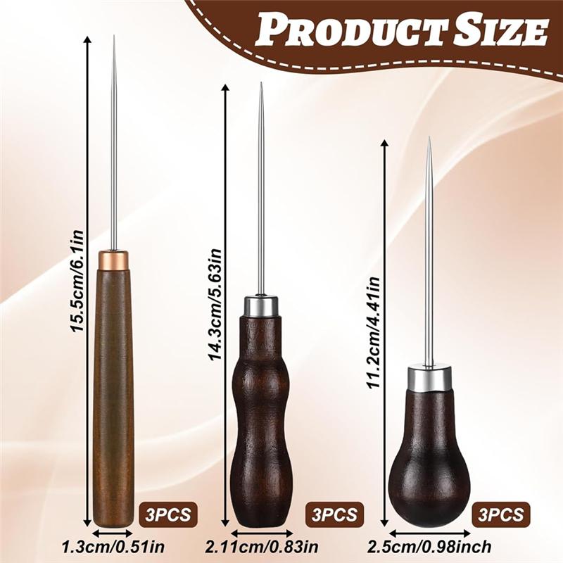 Sewing Awl Set 9 PCS Gourd Shape Wooden Handle Scratch Tool DIY Handmade Pin Punching-Needles Kit For Leather Sewing
