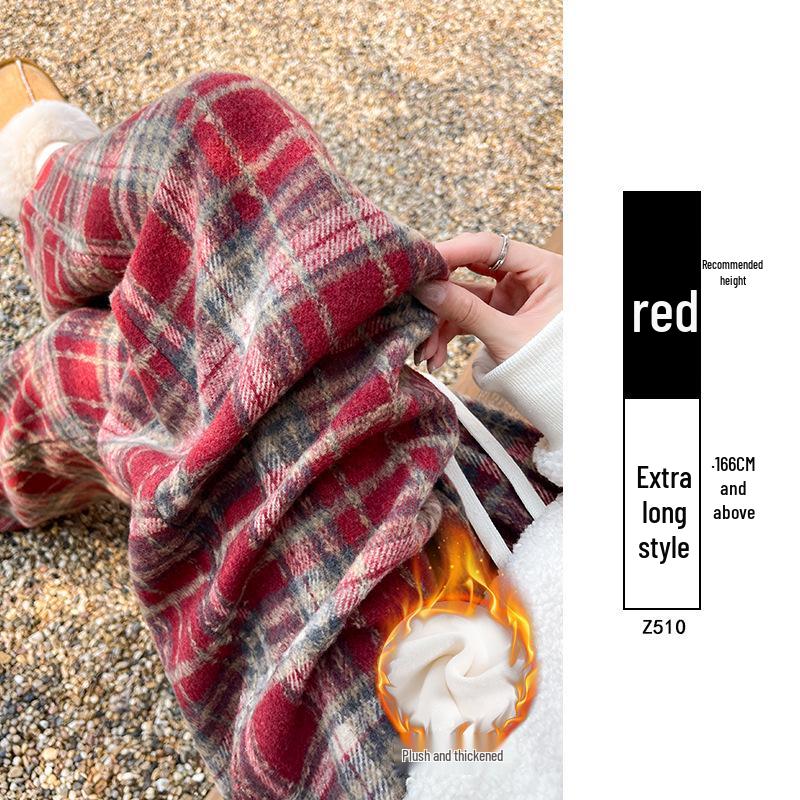 Women's Plaid Velvet-Lined Wide-Leg Pants - Autumn/Winter 2025 Retro Style