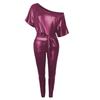New Fashion Faux Leather Dress - Elastic Diagonal Neck & Batwing Short Sleeve